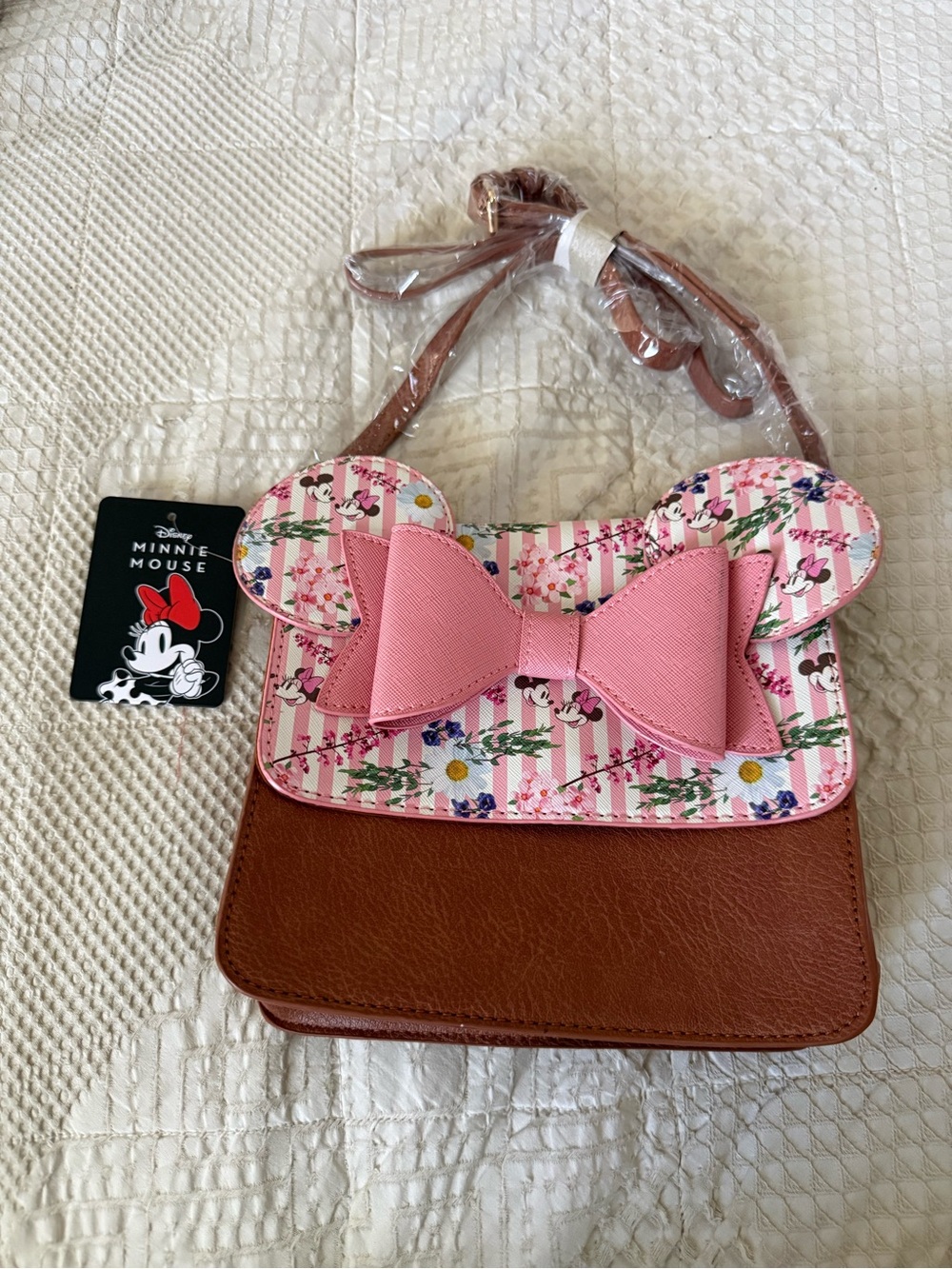 Disney Minnie Mouse Brown & Pink Floral Bow Mini Crossbody
